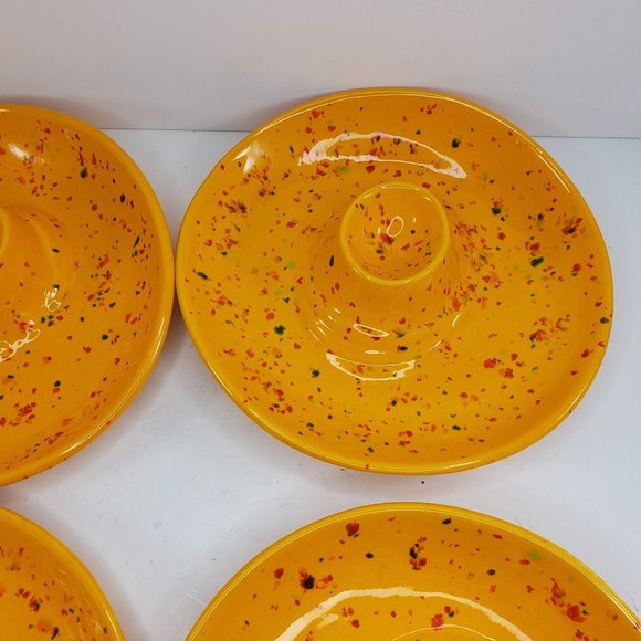Egg Holder Plate Bowl Pottery Set Of 4 Speckled Yellow Hand Painted Handmade - Picture 5 of 14